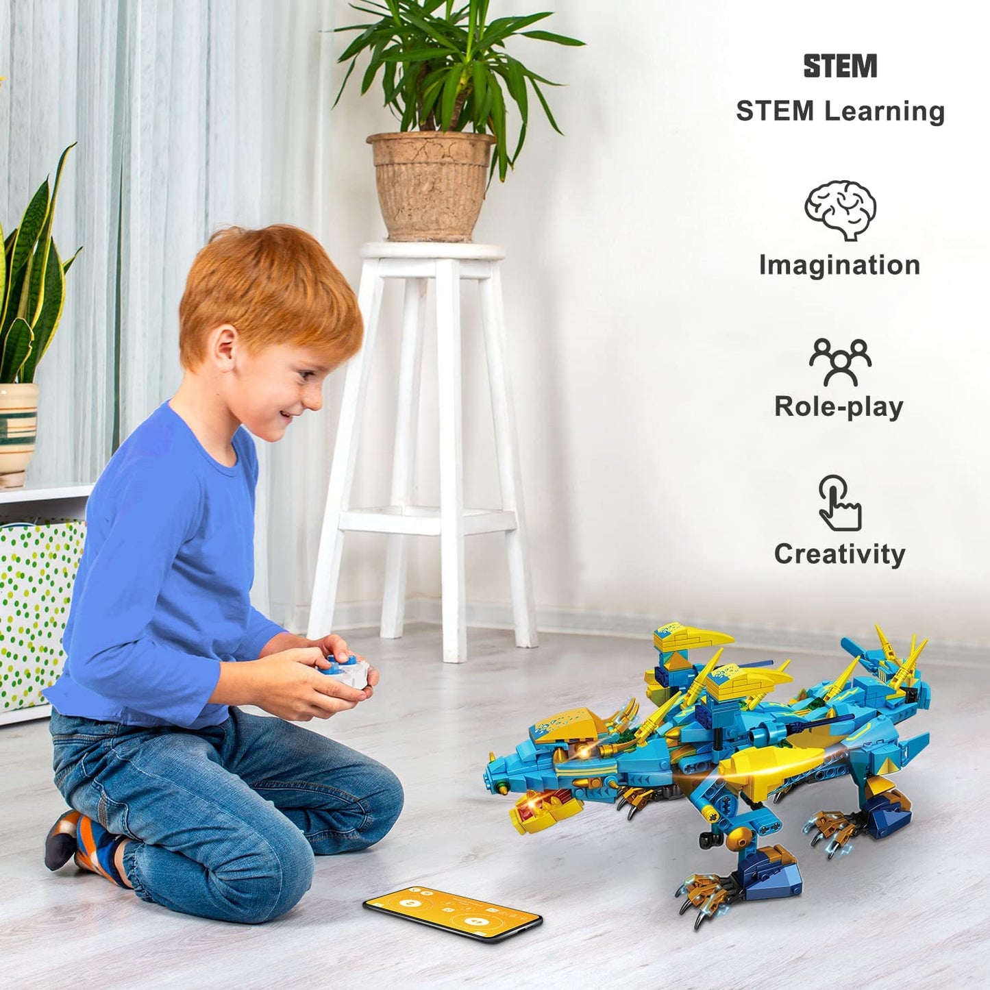 HOGOKIDS Remote Controlled Dragon Toy for Children - 515 Pieces Technology Remote Controlled & App Control Water Dragon Toy Construction Toy