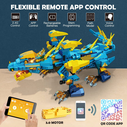 HOGOKIDS Remote Controlled Dragon Toy for Children - 515 Pieces Technology Remote Controlled & App Control Water Dragon Toy Construction Toy