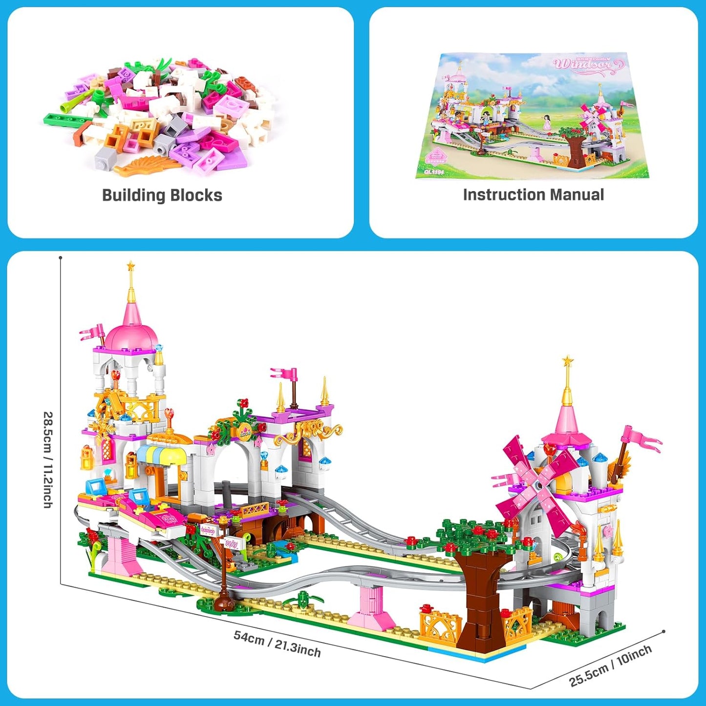 Roller Coaster Building Set - 711 Pieces Amusement Park Building Block Kit STEM Princess Playground Park Pink Construction Educational Toys Gift