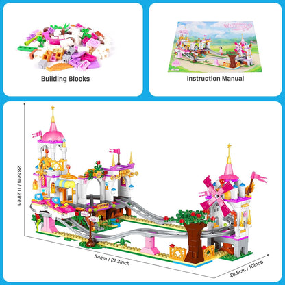 Roller Coaster Building Set - 711 Pieces Amusement Park Building Block Kit STEM Princess Playground Park Pink Construction Educational Toys Gift