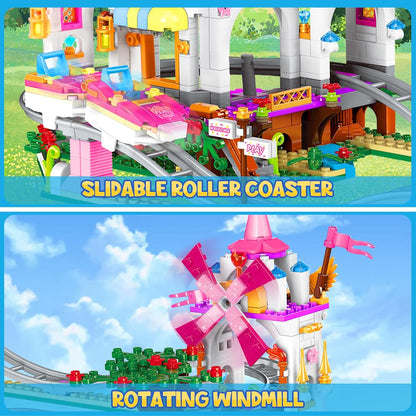 Roller Coaster Building Set - 711 Pieces Amusement Park Building Block Kit STEM Princess Playground Park Pink Construction Educational Toys Gift