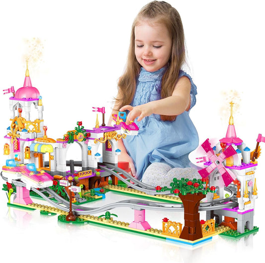 Roller Coaster Building Set - 711 Pieces Amusement Park Building Block Kit STEM Princess Playground Park Pink Construction Educational Toys Gift