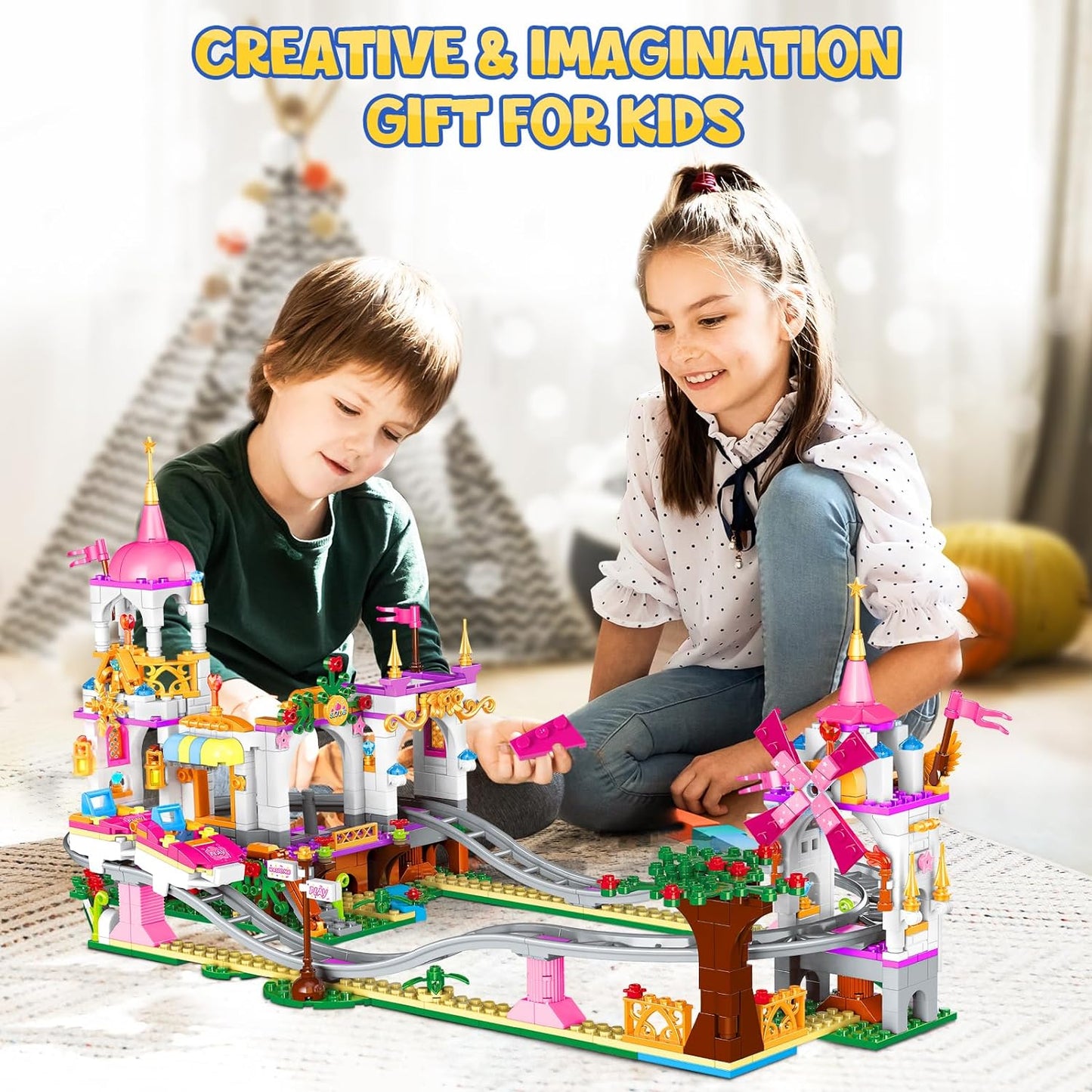 Roller Coaster Building Set - 711 Pieces Amusement Park Building Block Kit STEM Princess Playground Park Pink Construction Educational Toys Gift