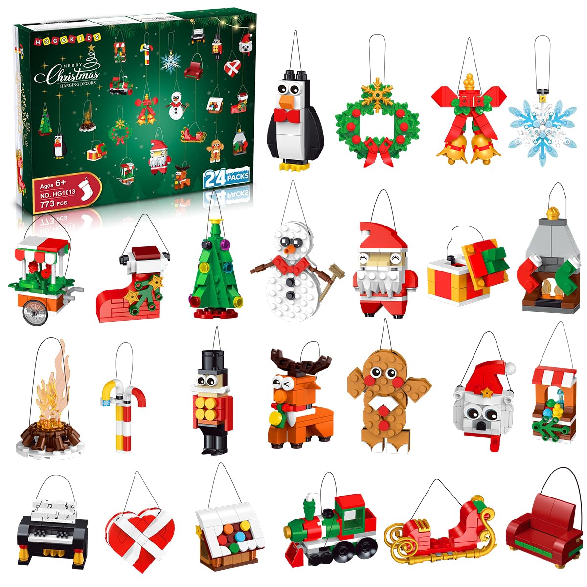 HOGOKIDS 24 Packs Christmas Ornaments Building Set - Hanging Christmas Tree, Wreath, Santa, Snowman, Gingerbread, Reindeer, Nutcracker Snowflakes Xmas Stocking Stuffer Decor Toy Gift for Kids Girl Boy