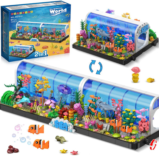 HOGOKIDS Aquarium Building Sets - 2 Styles Oceanarium Building Toy for Kids Adults, Pivoting Undersea Fish Tank Includs Dolphins Shark Crab Fish Jellyfish Animals Construction Gift for Boys Girls 6-12