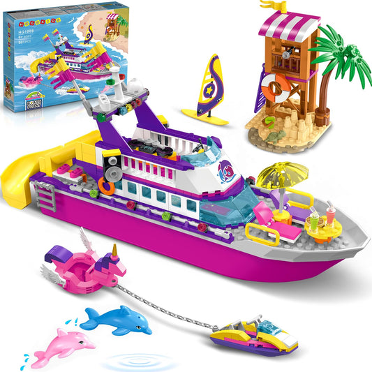 HOGOKIDS Boat Building Set with LED Light - Floatable Cruise Ship Building Toys with Beach Water Scooter & Dolphins Watchtower Blocks Friends Playset Gifts for Kids Girls Boys Ages 6-12 Years（501 PCS）