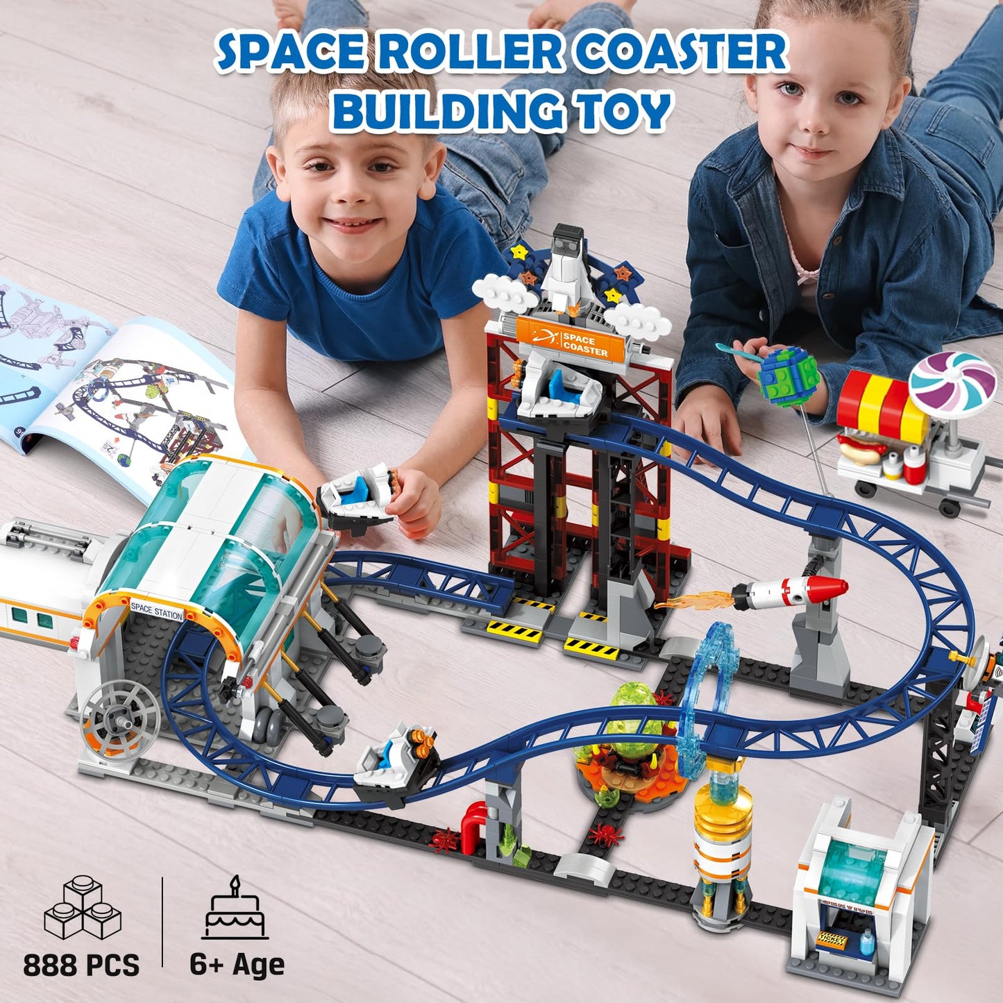 HOGOKIDS Space Roller Coaster Building Toy - 888PCS Coaster Building Set Features Lift Platform, Satellites, Rocket Buildable Space Rollercoaster Adventure Park for Adults Kids Girl Boy Ages 6-12 Year