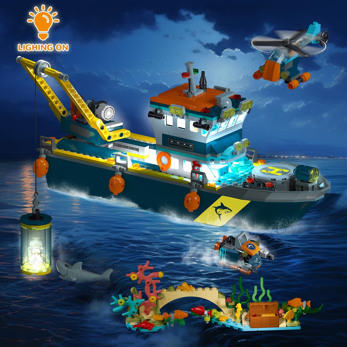 HOGOKIDS City Floatable Boat Building Set with LED Light - Fun Arctic Explorer Ship Building Block Kit Ocean Exploration with Helicopter, Sub, Shark Cage Birthday Gift for 6+ Years Old Boys Girls Kids