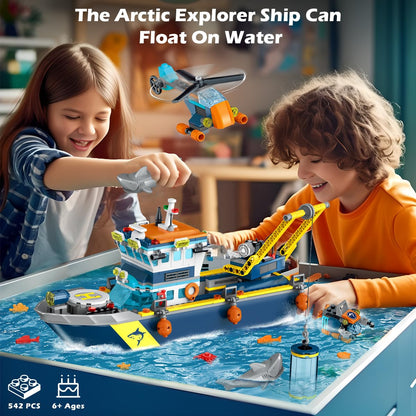 HOGOKIDS City Floatable Boat Building Set with LED Light - Fun Arctic Explorer Ship Building Block Kit Ocean Exploration with Helicopter, Sub, Shark Cage Birthday Gift for 6+ Years Old Boys Girls Kids