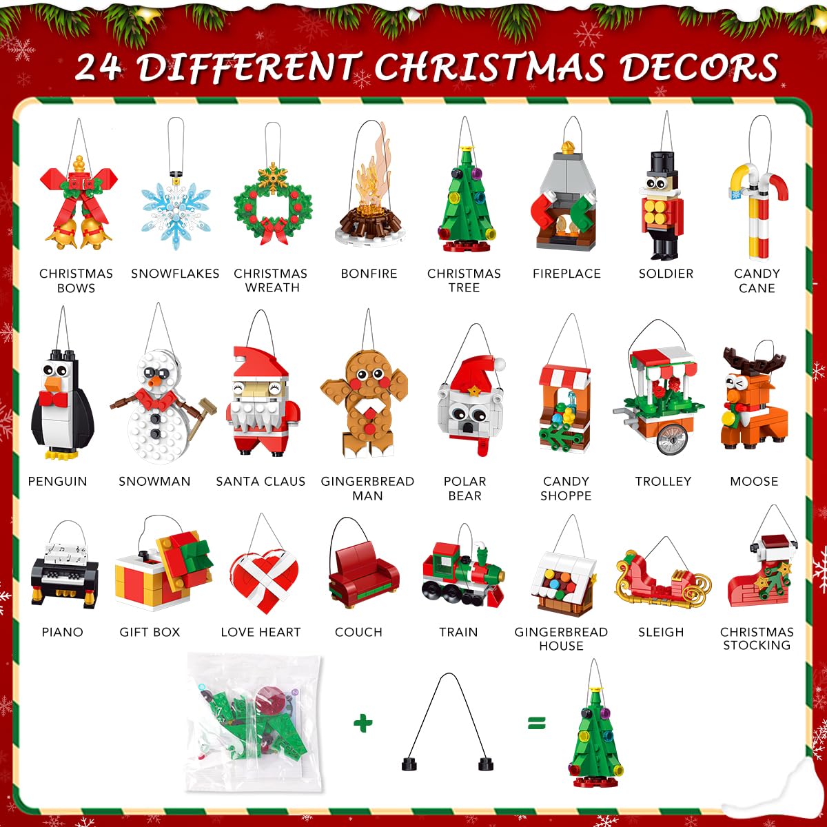 HOGOKIDS 24 Packs Christmas Ornaments Building Set - Hanging Christmas Tree, Wreath, Santa, Snowman, Gingerbread, Reindeer, Nutcracker Snowflakes Xmas Stocking Stuffer Decor Toy Gift for Kids Girl Boy