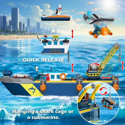 HOGOKIDS City Floatable Boat Building Set with LED Light - Fun Arctic Explorer Ship Building Block Kit Ocean Exploration with Helicopter, Sub, Shark Cage Birthday Gift for 6+ Years Old Boys Girls Kids