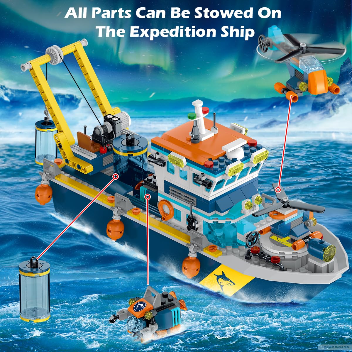 HOGOKIDS City Floatable Boat Building Set with LED Light - Fun Arctic Explorer Ship Building Block Kit Ocean Exploration with Helicopter, Sub, Shark Cage Birthday Gift for 6+ Years Old Boys Girls Kids