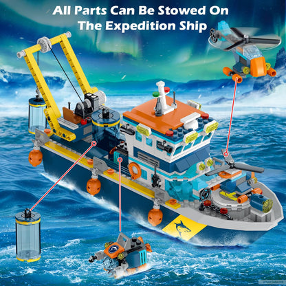 HOGOKIDS City Floatable Boat Building Set with LED Light - Fun Arctic Explorer Ship Building Block Kit Ocean Exploration with Helicopter, Sub, Shark Cage Birthday Gift for 6+ Years Old Boys Girls Kids