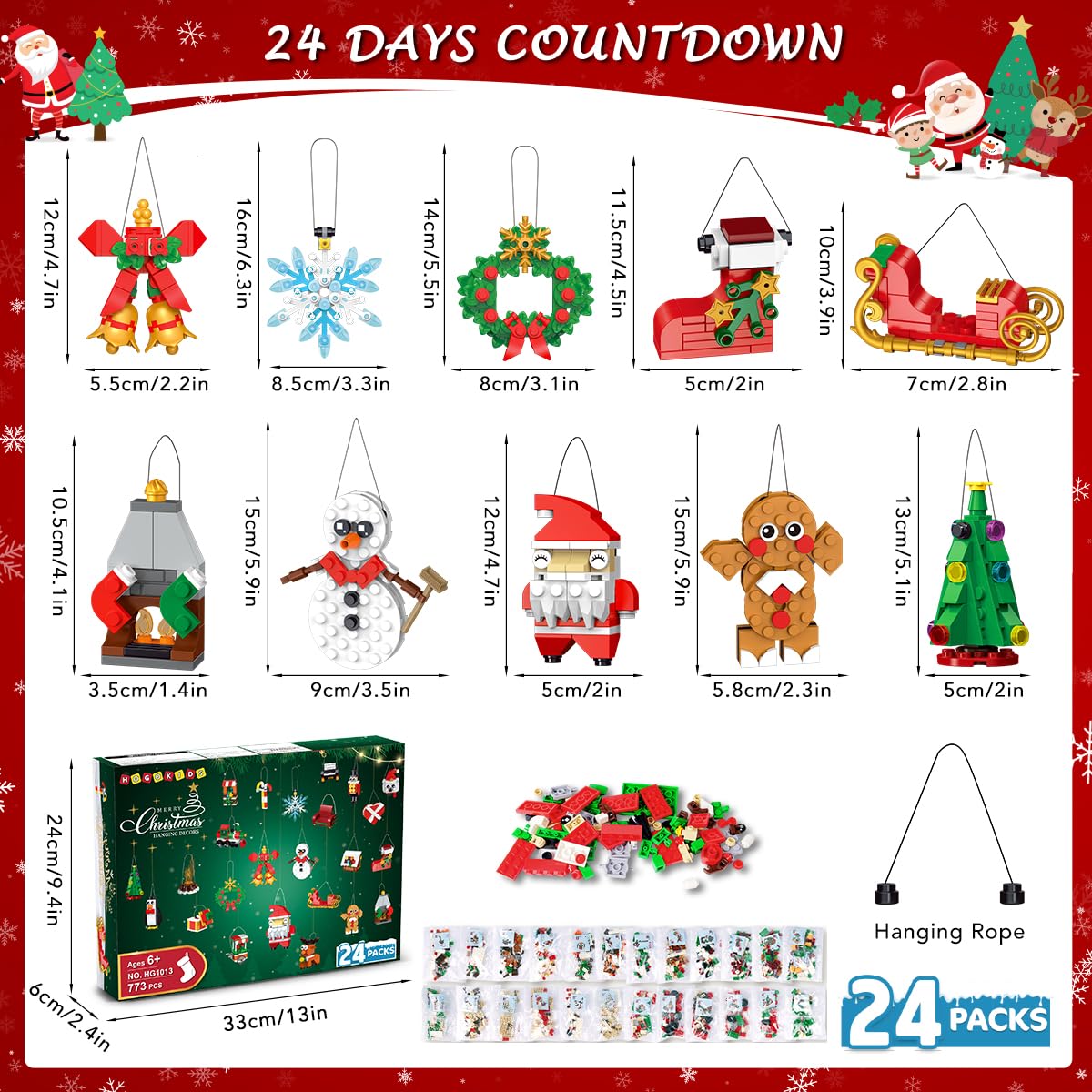 HOGOKIDS 24 Packs Christmas Ornaments Building Set - Hanging Christmas Tree, Wreath, Santa, Snowman, Gingerbread, Reindeer, Nutcracker Snowflakes Xmas Stocking Stuffer Decor Toy Gift for Kids Girl Boy