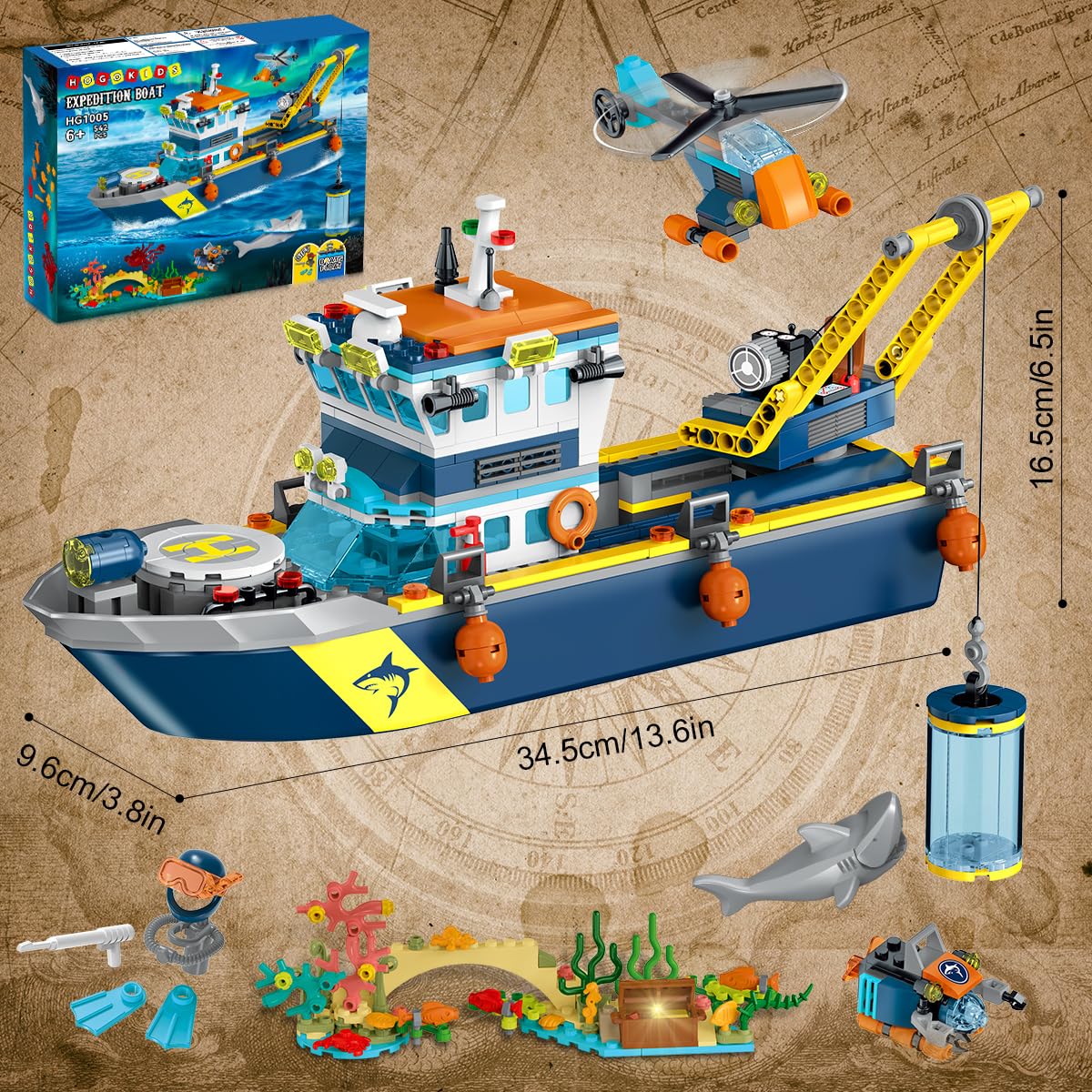 HOGOKIDS City Floatable Boat Building Set with LED Light - Fun Arctic Explorer Ship Building Block Kit Ocean Exploration with Helicopter, Sub, Shark Cage Birthday Gift for 6+ Years Old Boys Girls Kids