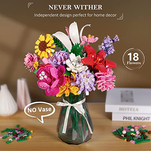 Flower Construction Set,18 Flower Bouquet Building Blocks (1413 Pieces)